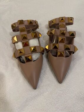 Valentino Garavani Nude Leather Pointed Mules with Gold Pyramid Studs